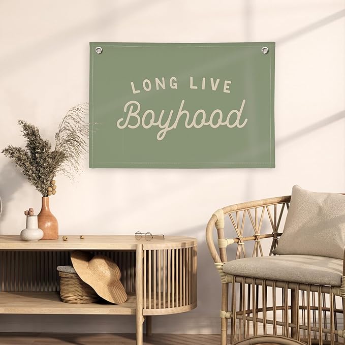 Long Live Boyhood Boys Room Decor, Sage Green Nursery Playroom Toddler Boy Linen Canvas Banner Wall Hanging Flag Baby Little Boy Kids Teen Room Bedroom Decorations, 30x20 Inch