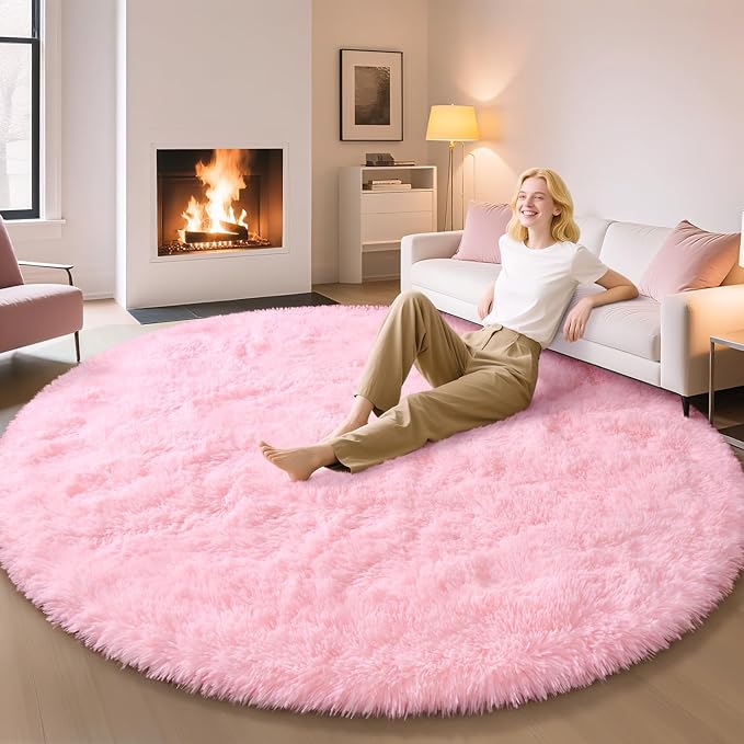 EVOIONOS Pink Round Rug for Bedroom, 6x6 Ft Fluffy Soft Circle Area Rugs for Living Room, Plush Shaggy Circular Carpet for Indoor Floor Bedside Girls Nursery, Machine-Washable Home Decor Aesthetic