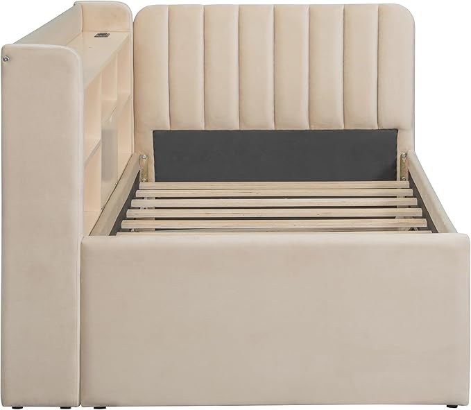 Twin Size Daybed with Trundle and Storage L-Shaped Bookshelf Headboard, Velvet Upholstered Soft Corner Bed with Charging Station and Shelves for Kids Boys Girls, Beige
