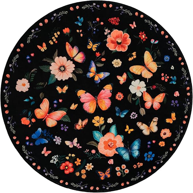 4' Machine Washable Round Area Rug, Non-Slip Vintage Floral Circle Floor Rugs for Kids, Low Pile Room Carpet for Living Room, Bedroom, Dining Room & Nursery(4' Black Floral)