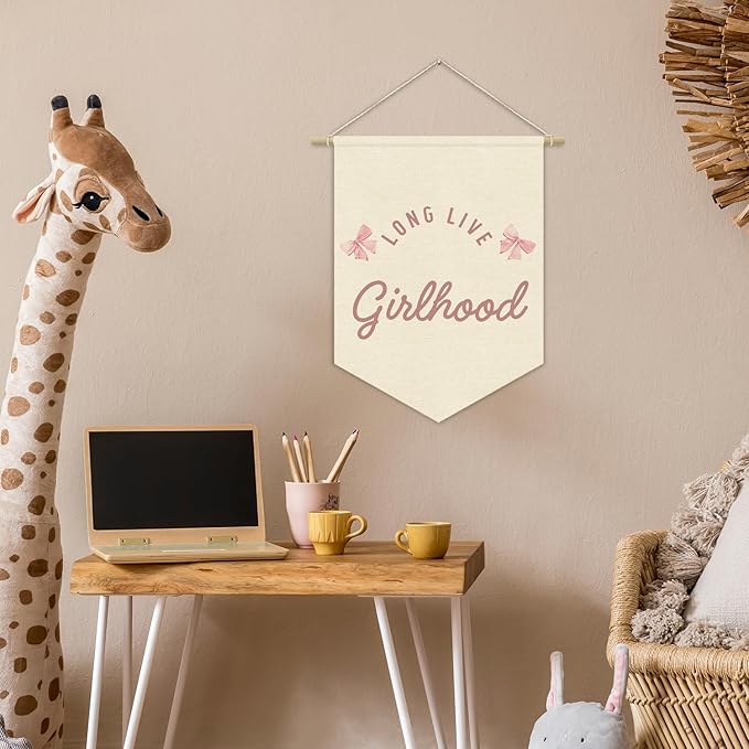 Girls Room Decor, Long Live Girlhood Girl Nursery Linen Canvas Banner, Coquette Pink Bow Wall Hanging Pennant Flag Banner for Girl Nursery Room Bedroom Dorm Decor, 15x11in