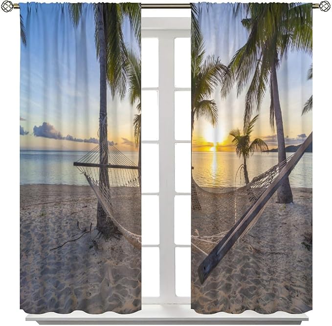 Ocean Beach Curtains,Morning Sunrise Hawaiian Seaside Scene Pattern Blackout Print Home Bedroom Living Room Window Treatments 2 Panel Set 63x72 Inch