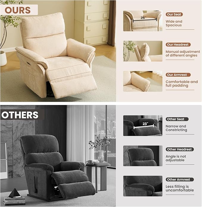 Oversized Power Recliner Chair Swivel Glider with Massage and Heat, Rocker Nursery Recliner for Adults with Adjustable Headrest, 26" Extra Wide Nursery Chair with Overstuffed Armrest,Beige