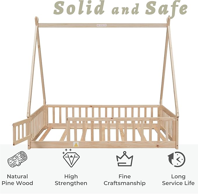 Full House Bed Frame with Fence Rails and Door,Wood Montessori Floor Bed with Slats Support,Teepee Tent Beds Kids Bed Frames for Girls Boys, Natural