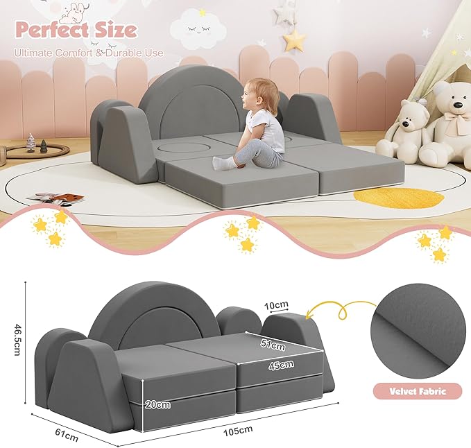12 PCS Modular Kids Play Block Couch Child Sectional Sofa Toddler Building Fortplay Bedroom Playroom Baby Convertible Floor Foam Cushion for Boys & Girls (Dark Gray-Double)