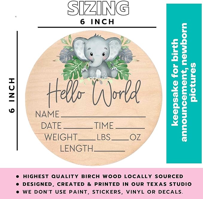 Birth Stat Sign for Newborn - Baby Name Announcement - Hello World Elephant Hospital Photography Prop - Jungle Safari