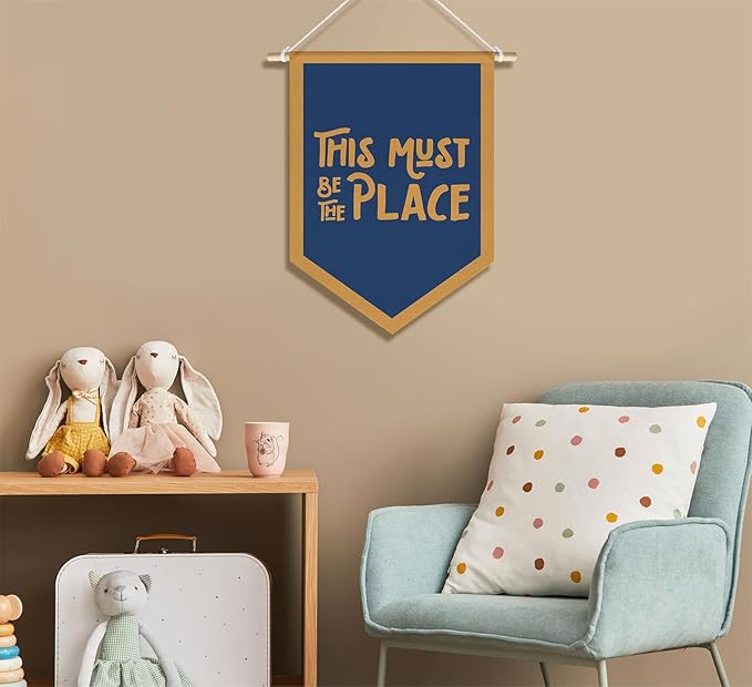 This Must Be The Place Banner Pennant Wall Art Decor for Kids Nursery Toddler Room Bedroom Classroom Decorations, Vintage Navy Blue Nursery Wall Decor, 15x11in