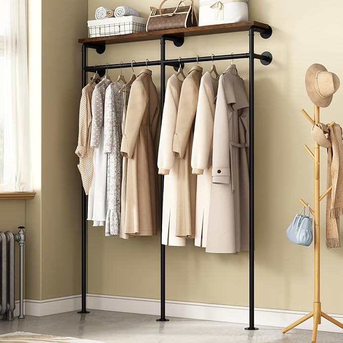 Industrial Pipe Clothes Rack, Wall Mounted Clothing Rack with Shelves, Heavy Duty Closet Organizers Wardrobe Multi-Purpose Storage Clothes Hanging Shelf-59''L Black