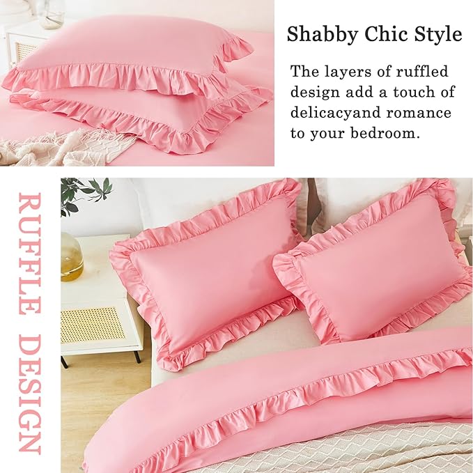 Full Size Ruffled Duvet Cover Set Pink Bedding Cover Sets for Girls 3 Pieces Vintage Country Kids Duvet Cover Sets with Ruffle Layers Decor(Pink, Full)