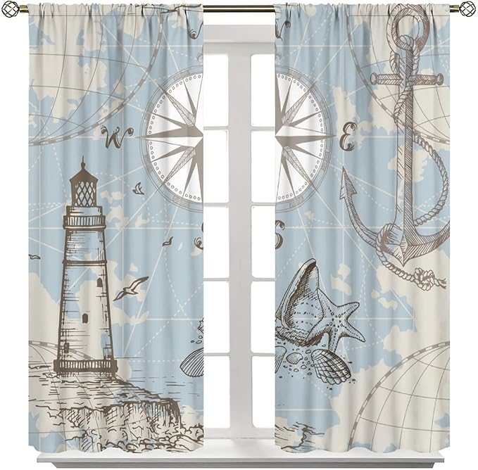 Nautical Theme Window Curtains,Pirate Sailboat Curtains for Bedroom,Conch Starfish Print Draperies for Living Room,Ocean Window Treatment Curtains Set 2 Panels,42x45 Inches