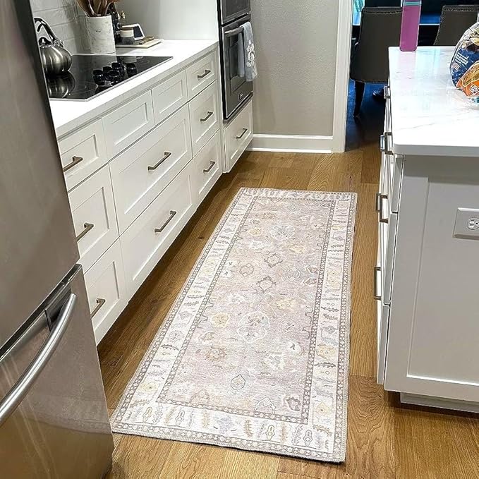 Fame Rugs Brown Modern Oushak Rug 2'6"x7', Washable Vintage Turkish Colorful Oriental Antique Inspired Foldable Small Runner Rugs, Luxury Living Room Bedroom (382MB, 2'6" x 7')