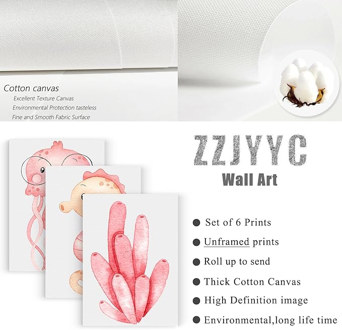 ZZJYYC Ocean Nursery Wall Art Pictures Pink Watercolor Nautical Canvas Art Poster Beach Animal Wall Decor Paintings Sea Whale Jellyfish Seahorse Prints for Baby Kids Room 8x10 Inch Set of 6 Unframed
