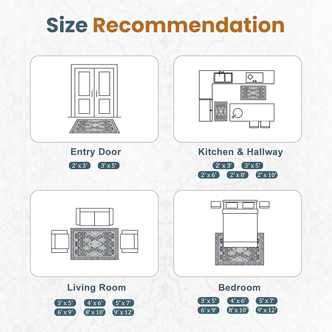 AMTOVO 8x10 Area Rugs for Living Room, Large Non-Slip Washable Rug, Boho Vintage Retro Medallion Print Pattern Carpet for Bedroom Dining Room Home Office Nursery Dorm Farmhouse, Grayish Blue