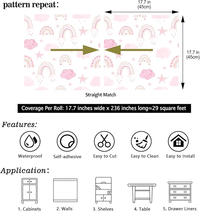 CHIHUT 17.7”x236” Boho Wallpaper Peel and Stick Pink Cloud Star Rainbow Wallpaper for Kids Room Nursery Decorative Cute Kids Wall Paper Roll Waterproof Self Adhesive Vinyl Rainbow Wall Mural