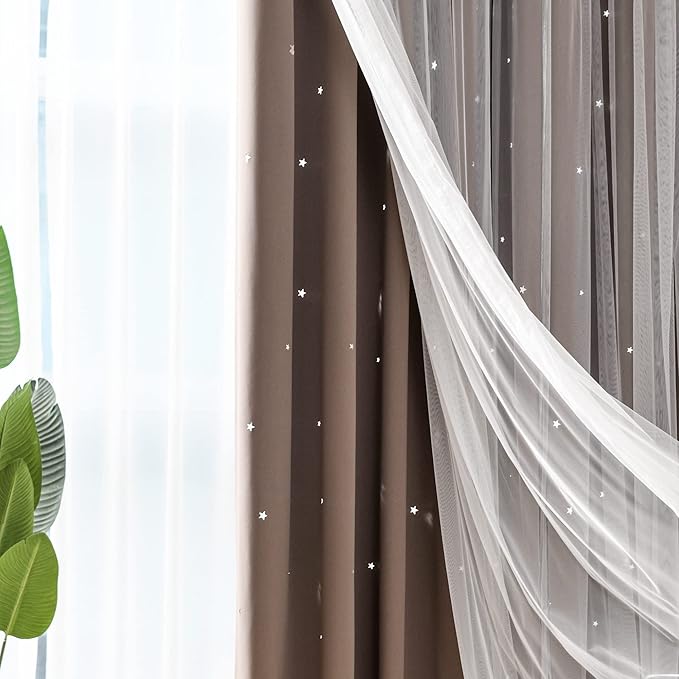 Kinryb Kids Blackout Curtains for Bedroom/Living Room/Classroom, Sheer Overlay 2 Free Tiebacks, Double Layer Curtains with Star Cutout for Kids Room(Each Piece W 70 x L 63 Inches 2 Pcs Coffe)