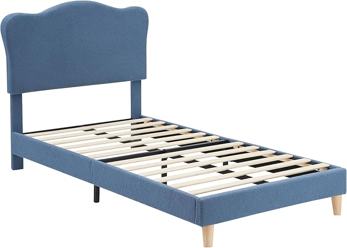 GarveeHome Upholstered Twin Size Bed Frame for Kids with Scallop Headboard, Cute Velvet Twin Bed for Girls, Boys, Sturdy Platform Bed, No Box Spring Needed, Wooden Slats, Noise Free, Blue