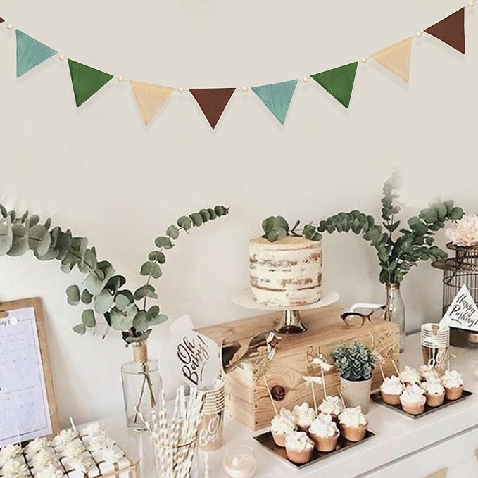 2 Sets of Green Brown Beige Wood Beads Pennant Banner 20pcs Flags Nursery Garland Fabric Linen Triangle Streamers for Kids Jungle Woodland Camping Birthday Party Decorations Baby Shower Bedroom Decor