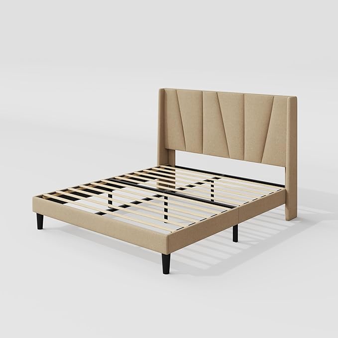 Allewie Full Size Platform Bed Frame with Geometric Wingback Headboard, Boho Upholstered Bed with Wooden Slats Support, No Box Spring Needed, Easy Assembly, Beige