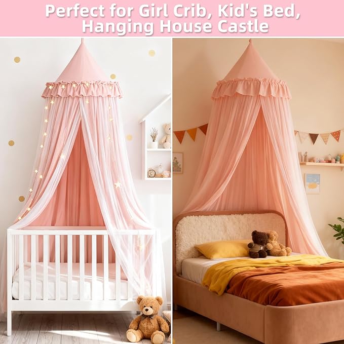 Bed Canopy with Star Lights, Double Layer Bed Canopy for Girls, Princess Canopy Bed Curtain for Twin Bed, Breathable Kids Dreamy Play Tent Room Castle Reading Nook, Machine Washable, 26''x125'' - Pink