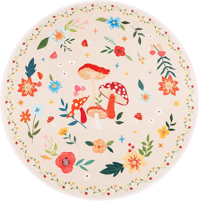 4' Machine Washable Round Area Rug, Non-Slip Vintage Floral Circle Floor Rugs for Kids, Low Pile Room Carpet for Living Room, Bedroom, Dining Room & Nursery(4' Beige Mushroom)