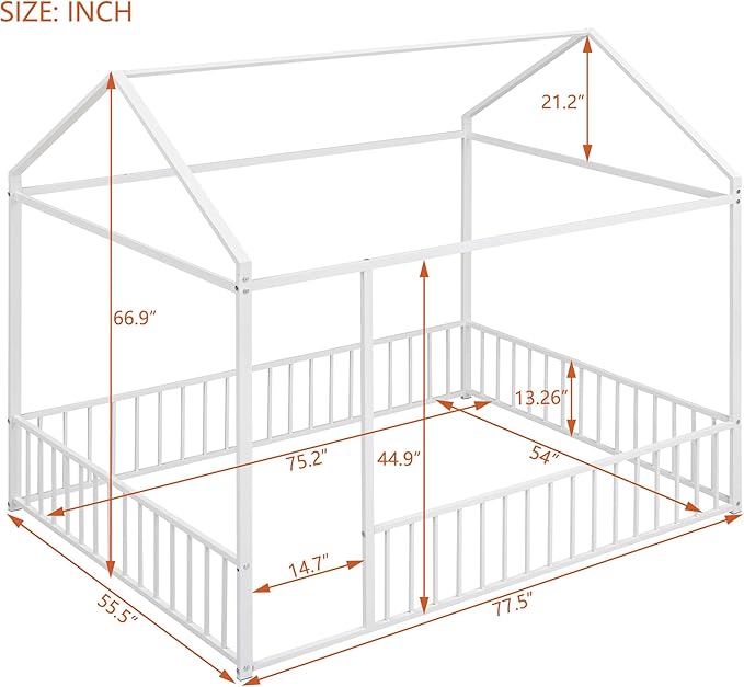 Bellemave Full Size Montessori Floor Bed, Metal House Bed Framefor Kids, Montessori Floor Beds with Fence, Playhouse for Kids, White