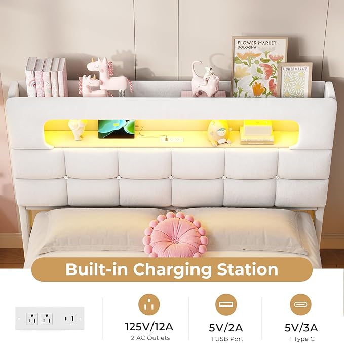 MSmask Full Upholstered LED Bed Frame with 2-Tier Storage Bookcase Headboard, Velvet Princess Bed with Crystal Button Tufted Headboard & Charging Station, Girls Platform Bed, Curved Legs, White