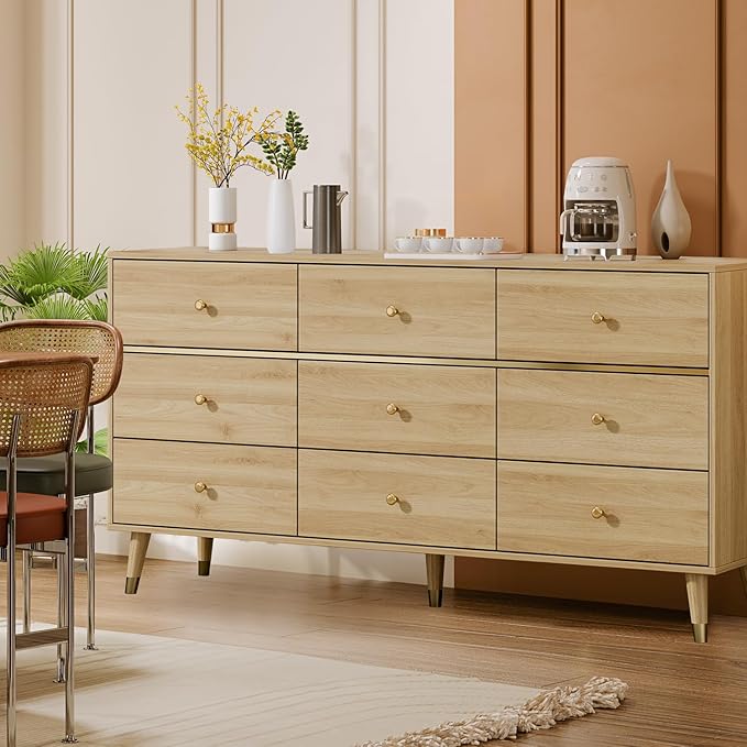 9 Drawer Dresser,63" Wide Mid Century Modern Chest of Drawers,Wooden Bedroom Drawer Dresser with 9 Storage Drawers for Bedroom, Living Room,with Anti-Tipping Device,Natural