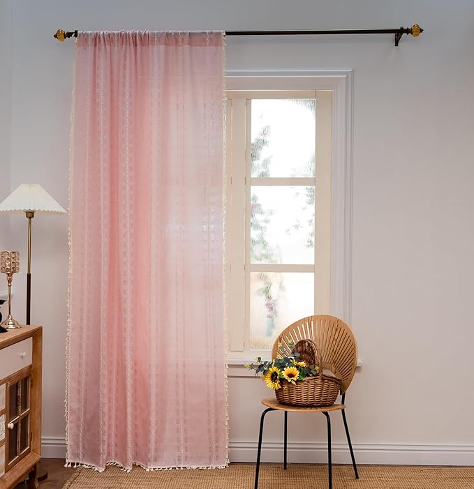 Deeprove Blush Pink Boho Curtain 96 inches Long for Living Room Bedroom, Vintage Bohemian Tassel Sheer 96 inches Puddle Length 8 FT Striped Embroidery Privacy Window Treatment W52 x L96, 1 Panel