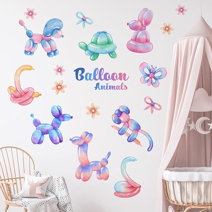 Yovkky Balloon Animals Wall Decals Stickers, Gradient Pastel Dog Rabbit Snake Turtle Toddler Baby Nursery Decor, Cute Butterfly Flowers Home Decorations Kids Bedroom Playroom Party Art