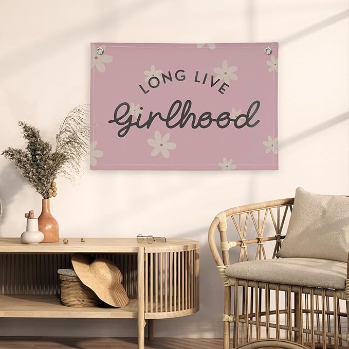 Long Live Girlhood Linen Banner Hanging Pink Flag Flower Banner for Nursery Playroom Wall Decor for Kids Bedroom Living Room Dorm Toddler Decorations Trendy Room 30x20 In (Girlhood)
