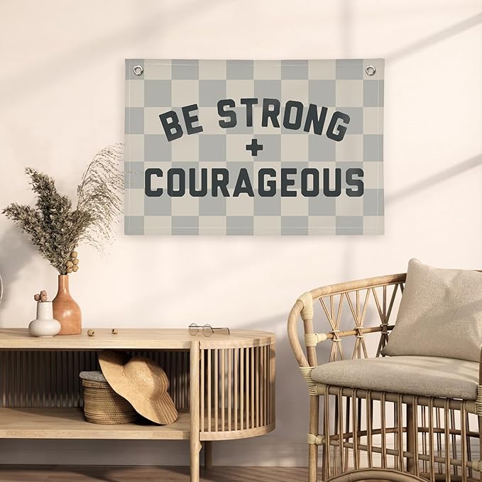 Motivational Quotes Boys Room Decor,Be Strong Courageous Bibie Joshua 1:9 Playroom Decor Linen Canvas Banner,Vintage Checkered Wall Hanging Flag Decor for Kids Toddler Room 30x20 bestrong