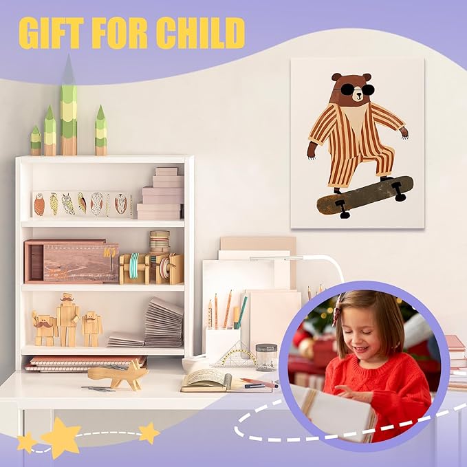 URLLUAE Trendy Sunglasses Bear Canvas Poster Prints 11x14 Inch, Woodland Animal Nursery Decor, Funky Skateboard Bear Animal Canvas Prints Wall Decor for Kids Room Nursery Playroom Classroom