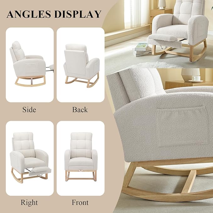 Nursery Rocking Chair, Polyester Upholstered Glider Chair with Footrest, Comfy Rocker Chair, Accent Chair with High Backrest, Glider Rocker, Armchair for Living Room (White Teddy)