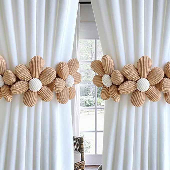 SRG Sunflower Curtain Tiebacks-2 Pack | Curtain Holdbacks with Three Flower | Curtain Tiebacks Boho | Japanese Curtain Ties | Cute Flower Curtain Ties Decorative for Bedroom Window Treatment (Khaki)