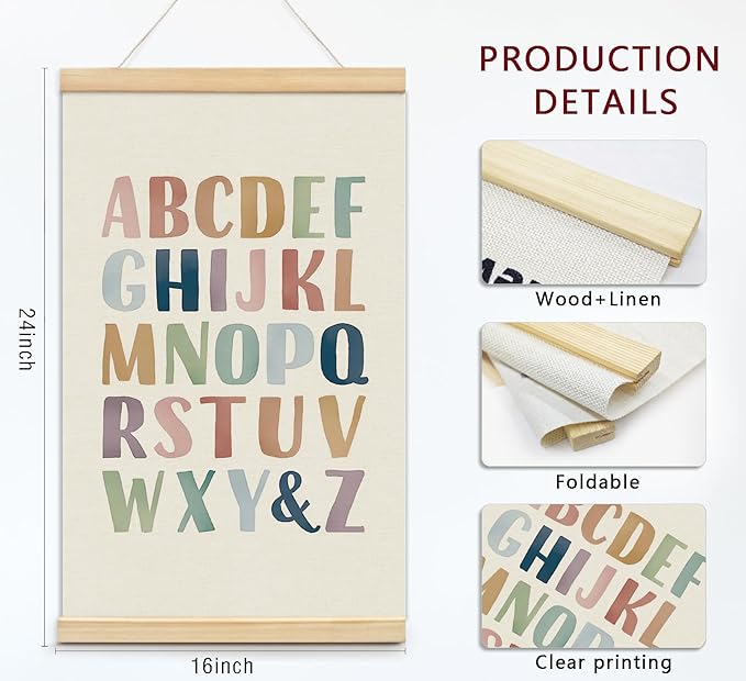 foedor Alphabet Poster Framed for Kids toddlers,Nursery Playroom Wall Decor Poster Hanger Frame,Hanging Banner Decor for Nursery Toddler Girls Room Play Room, 14x24 Inch, Set of 2