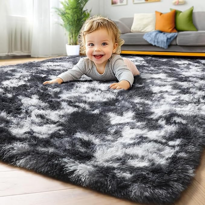ONASAR Black and White Area Rugs for Living Room Bedroom, 5x8 Fluffy Rug, Washable Soft Plush Shag Floor Carpet for Nursery Kids Girls Boys Teen Baby Dorm Bedside Playroom Indoor Home Decor Aesthetic