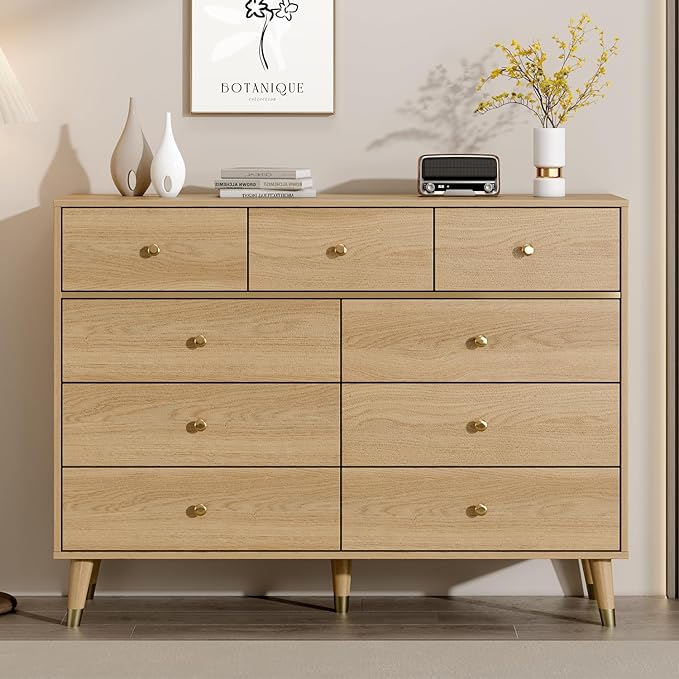 9 Drawers Dresser for Bedroom,35.4" Tall Wood Rustic Modern Chest of Drawers with Natural Texture,with Anti-Tipping Device, Storage Dressers Organizer for Bedroom, Living Room,Oak