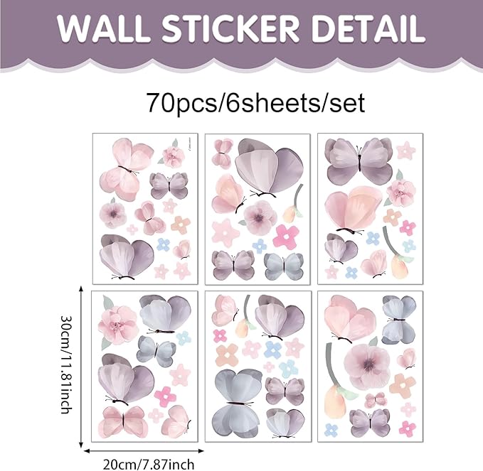 Watercolor Butterfly Wall Decals and Flower Wall Decor - 70 PCS Removable Peel and Stick Wall Stickers for Girls Room, Nursery, Kids Bedroom, Home Art Decals