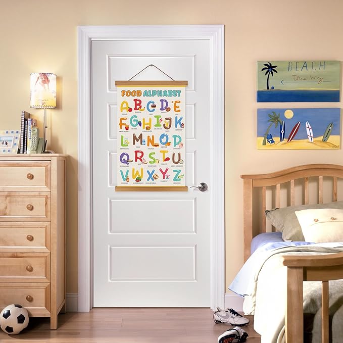 KAIRNE Food Alphabet Wall Decoration,Alphabet Poster,Colorful ABC Art Prints,ABC Canvas With Magnetic Hanger Frame(35”X56”),Educational Chart Wall Art for Toddler Classroom Kids Room Playroom Decor