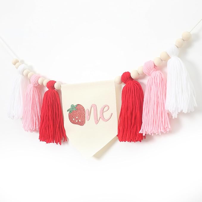 Strawberry 1st Birthday Decor - Sweet One Tassels Highchair Banner - Berry Tassels High Chair Banner For Kids Party - Baby Girl Berry Birthday Decoration - Strawberry High Chair Banner For Photo Booth Props