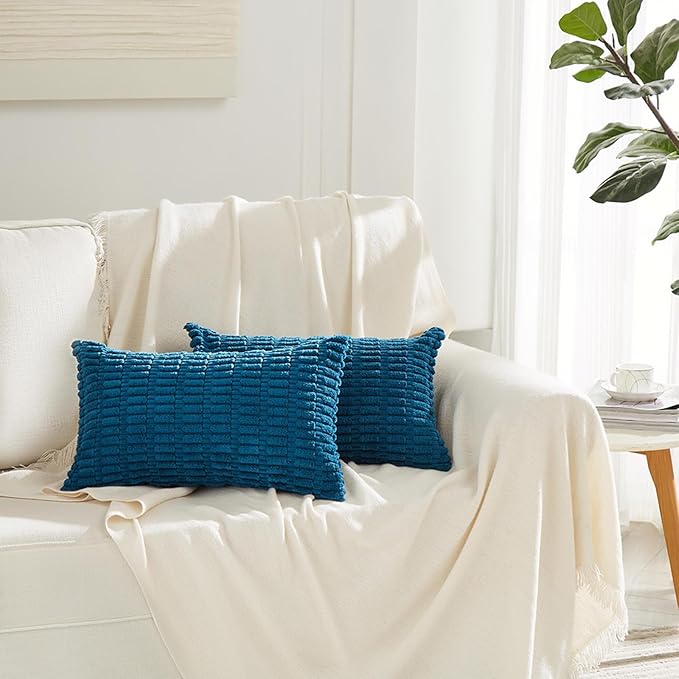 Fancy Homi 2 Packs Teal Decorative Throw Pillow Covers 16x24 Inch for Living Room Couch Bed Sofa, Rustic Farmhouse Fall Home Decor, Soft Striped Corduroy Square Cushion Case 40x60 cm
