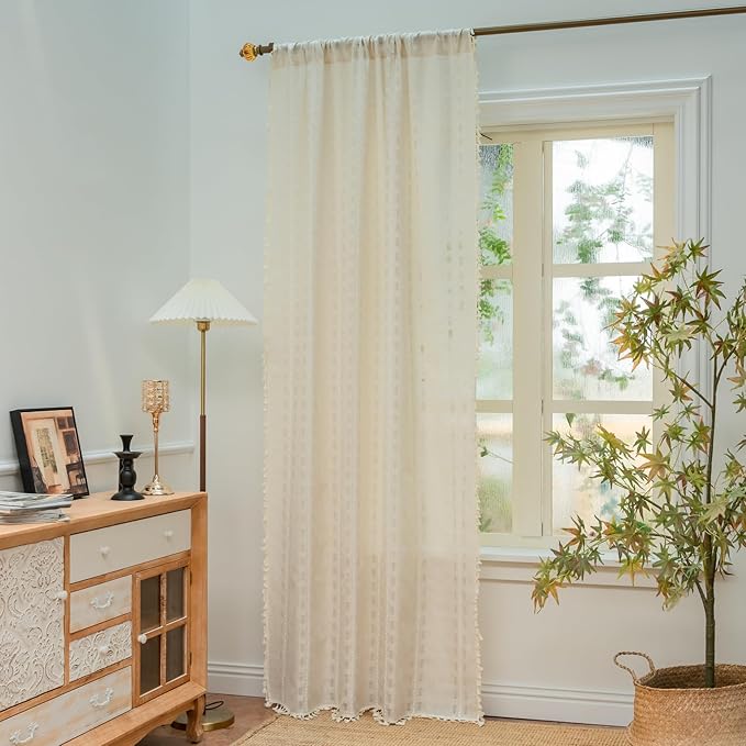 Deeprove Ivory Boho Curtain 72 inches Long for Living Room Bedroom Kitchen, Lodge Bohemian Sheer Linen 72 inches Length Stripe Embroidery Privacy Window Tassel Decor W52 x L72, 1 Panel