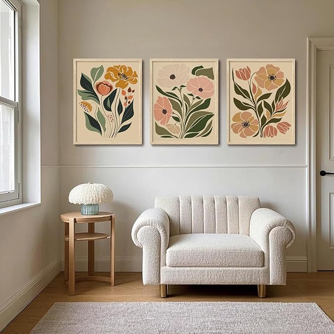 CHMMART Boho Floral Framed Wall Art Flower Canvas Art Prints Set of 3 Mid Century Modern Pictures Wall Decor Botanical Painting Artwork for Living Room Bedroom Office 16x20in