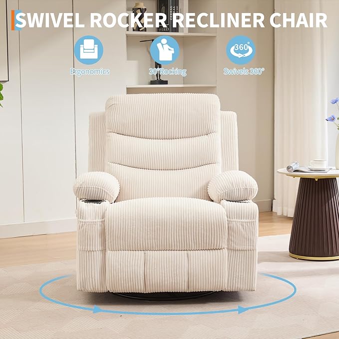 Recliner Chair Nursery, Oversized Manual Reclining Rocking Chair, 360 Swivel Glider with Cup Holder, Massage and Heat Recliner, Indoor Small Single Sofa Chairs for Adults, RV, Bedroom, Corduroy Beige