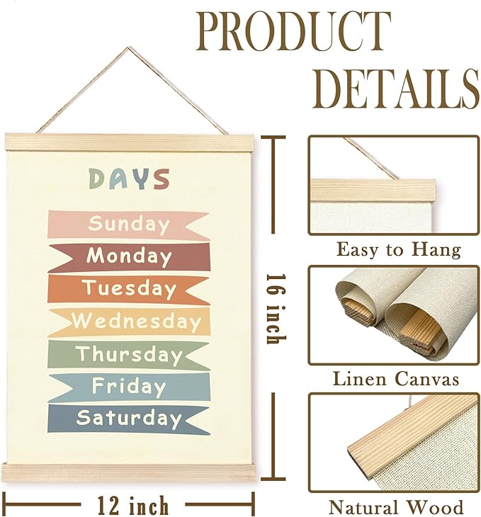 CGBHW Boho Educational Poster Hanger Frame Set of 2, Days of the Week Months of Year Learning Posters Wall Art Hanging Decor for Classroom Nursery Kids Room Playroom Preschool,12x16Inch