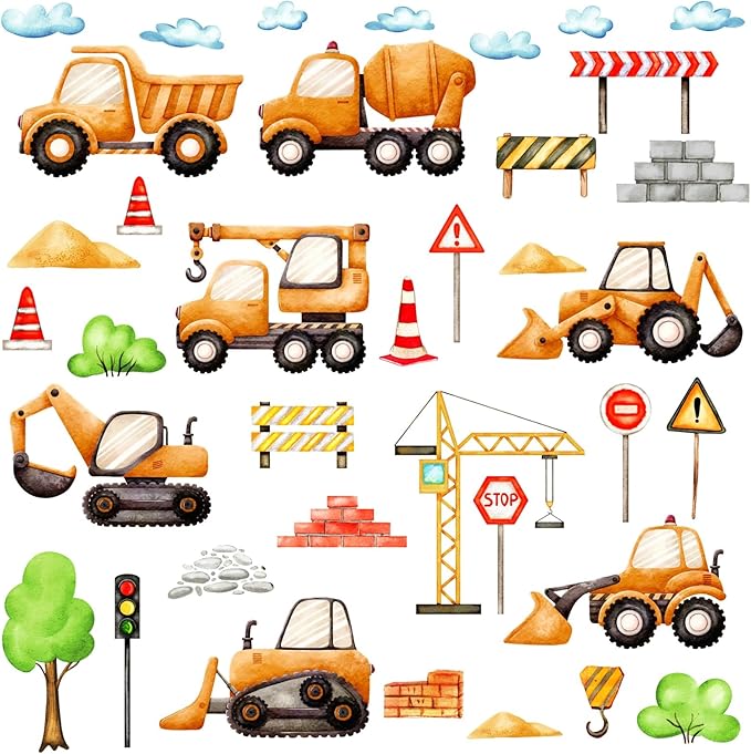Car Truck Wall Decals Construction Vehicle Wall Stickers Cartoon Watercolor Car Tractor Stickers Peel and Stick Transportation Wall Decals for Kids Room Boys Bedroom Playroom Nursery Decor