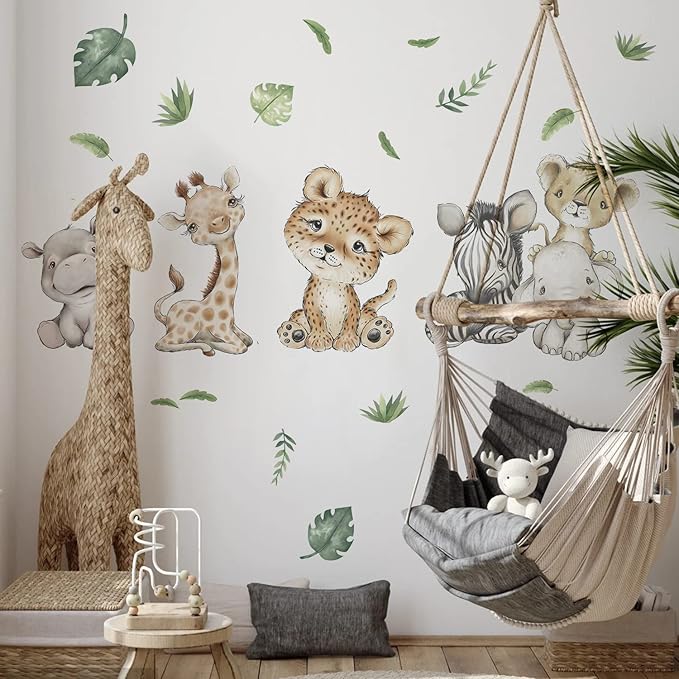Yovkky Watercolor Baby Safari Animals Wall Decals Stickers, African Jungle Elephant Zebra Giraffe Hippo Lion Leopard Cheetah Kids Room Nursery Decor, Neutral Palm Leaf Crib Decorations Bedroom Art