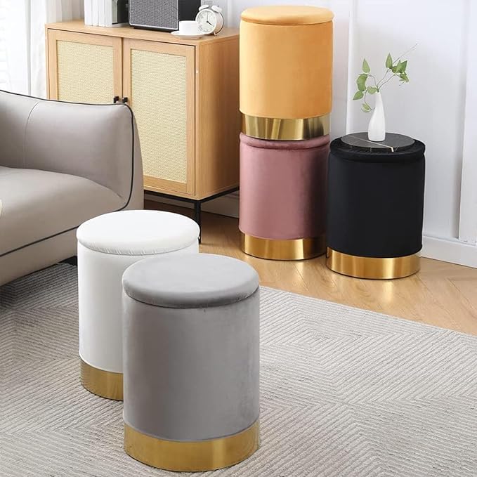 Mxfurhawa Velvet Storage Ottoman Multipurpose Footrest Stool with Metal Base Modern Round Vanity Stool Chair Ottoman Foot Stools Support 300 lbs Padded Seat for Living Room (Dusty Rose (Velvet))