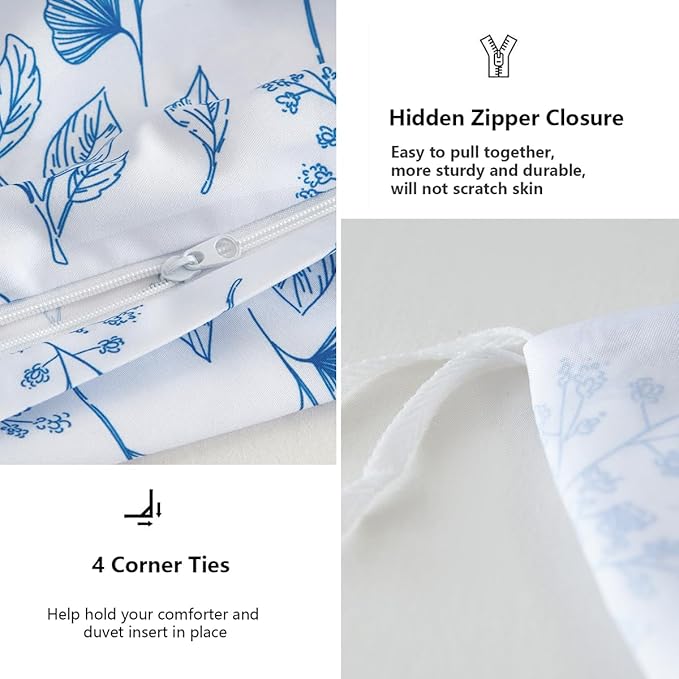 Blue Floral Duvet Cover Full 3Pcs Botanical Flower Bedding Set Soft Microfiber Cottagecore Flowers Duvet Cover Set with 2 Pillowcases(No Comforter)