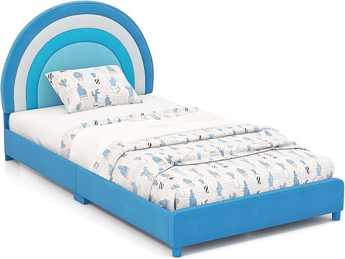Costzon Twin Bed Frames for Kids, Upholstered Wooden Kids Bed w/Adjustable Headboard, Slats Support, 660 LBS Weight Cap, No Box Spring Needed, Easy Assembly, Twin Platform Bed Frame (Blue Rainbow)